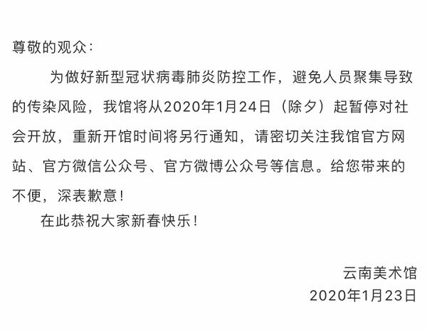 防控新型冠状病毒肺炎 云南美术馆1月24日起闭馆