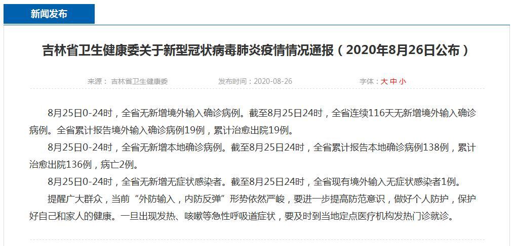 吉林省卫生健康委关于新型冠状病毒肺炎疫情情况通报（2020年8月26日公布）
