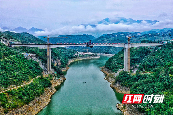 郑万高铁跨度最大的神农溪双线大桥顺利合龙