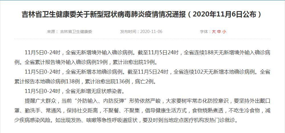 吉林省卫生健康委关于新型冠状病毒肺炎疫情情况通报（2020年11月6日公布）