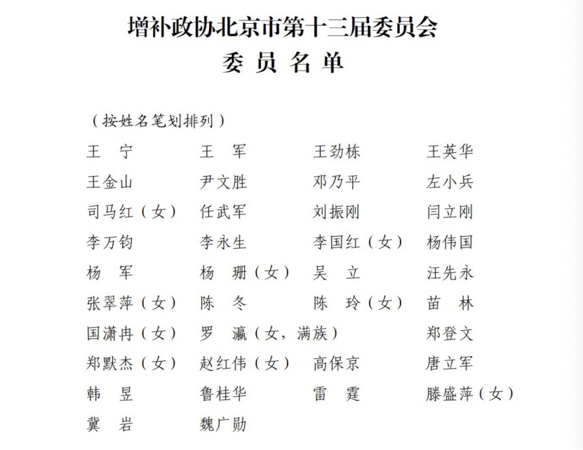 十三届北京市政协增补王宁等37人为政协委员