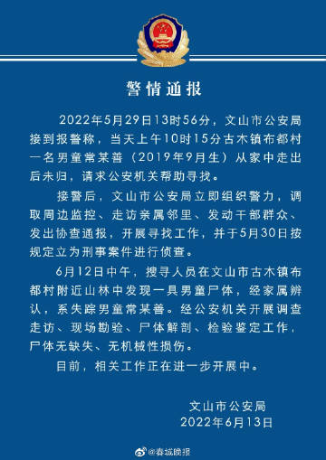 痛心！云南文山2岁失踪男童已遇难