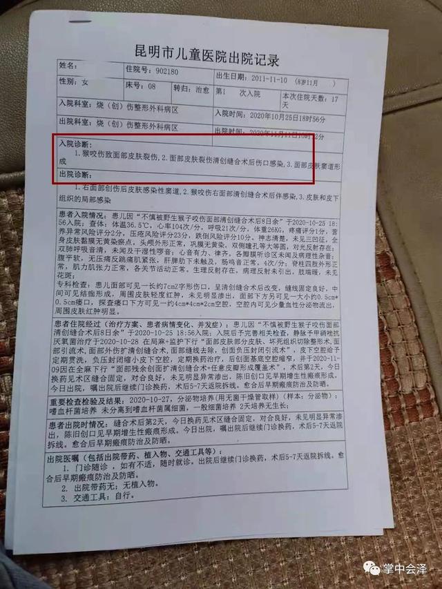 根据被咬伤学生的门诊病历可以看到,该孩子面部有1条长达7厘米的伤口